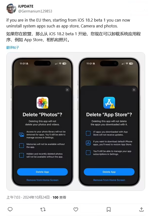 泰州苹果手机维修分享iOS 18.2 支持删除 App Store 应用商店 