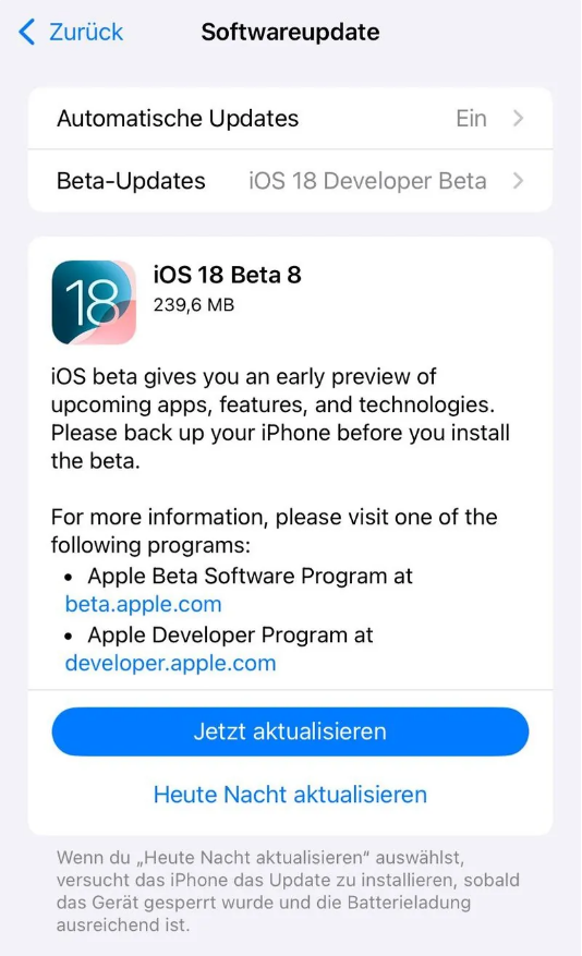 泰州苹果手机维修分享苹果 iOS / iPadOS 18 开发者预览版 Beta 8 发布 